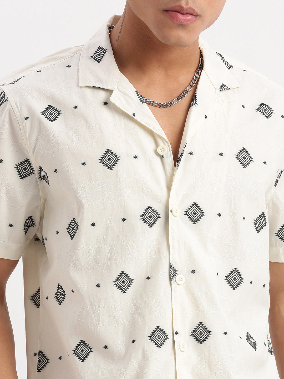 Men Cuban Collar Geometric Cream Shirt