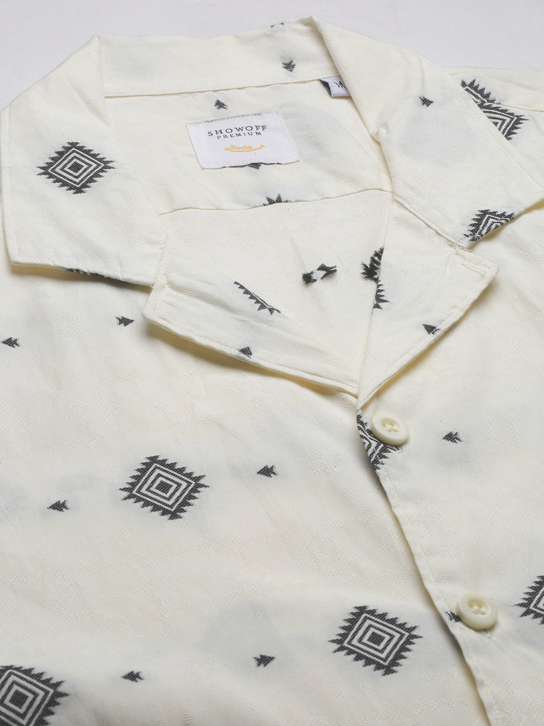 Men Cuban Collar Geometric Cream Shirt