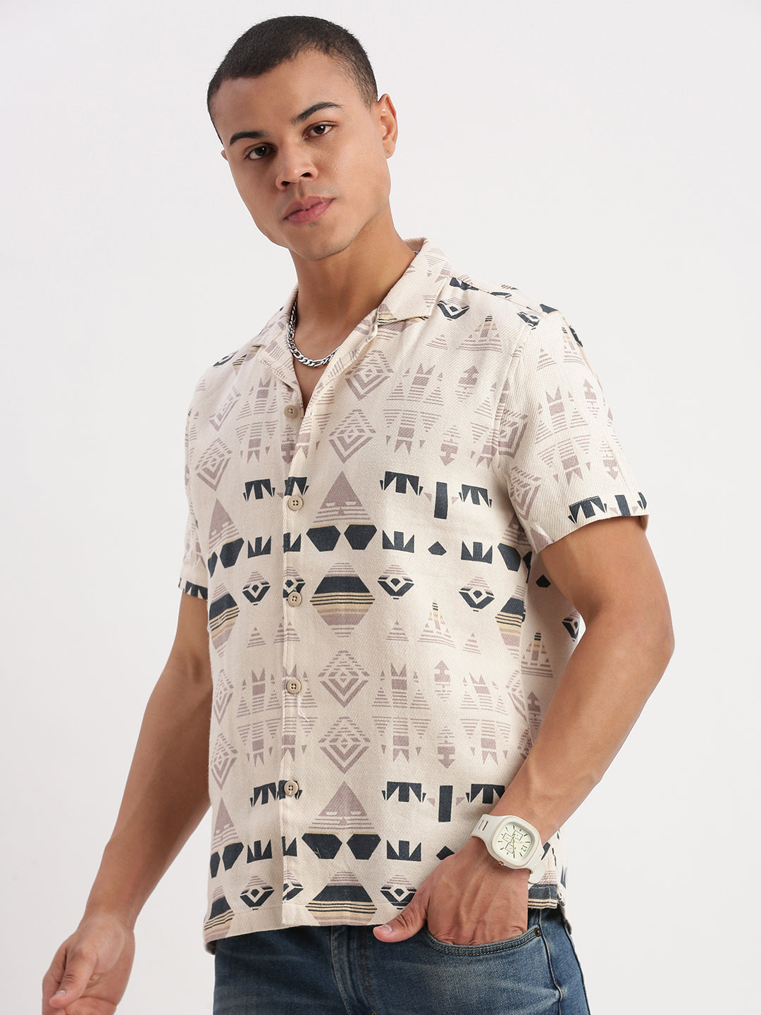 Men Cuban Collar Geometric Cream Shirt