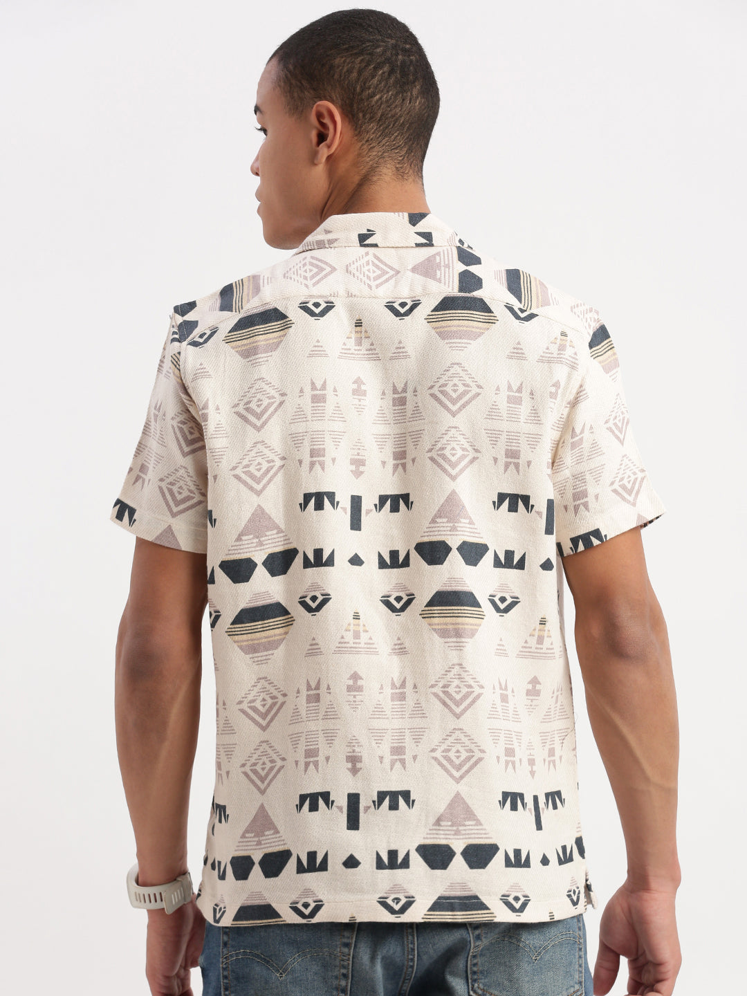 Men Cuban Collar Geometric Cream Shirt