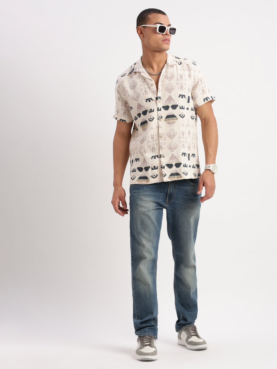 Men Cuban Collar Geometric Cream Shirt