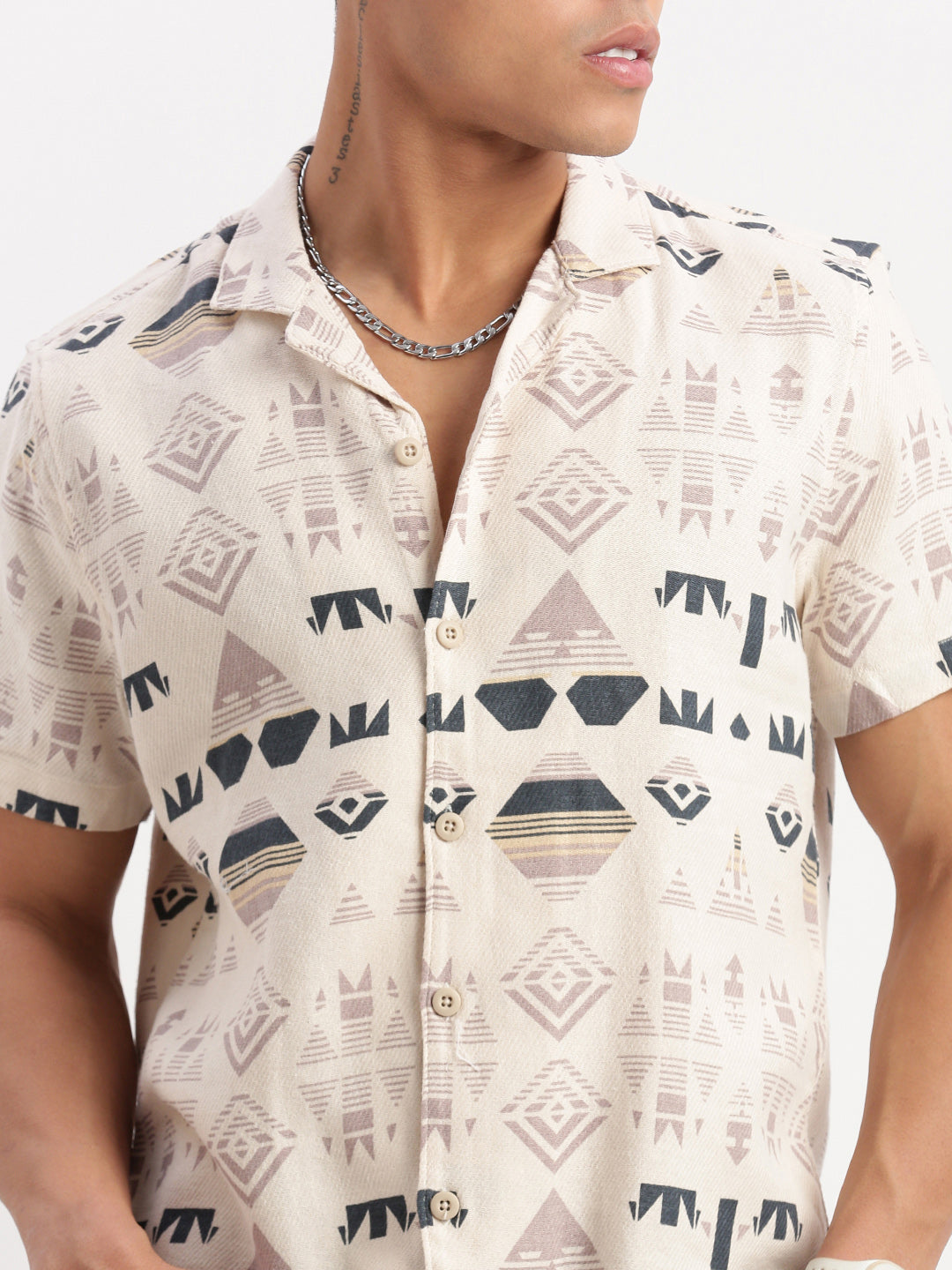 Men Cuban Collar Geometric Cream Shirt