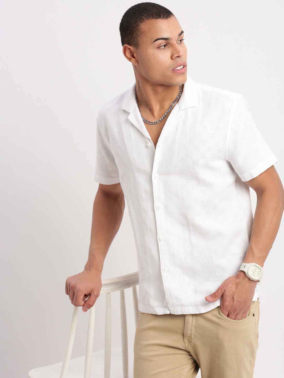 Men Cuban Collar Solid White Shirt