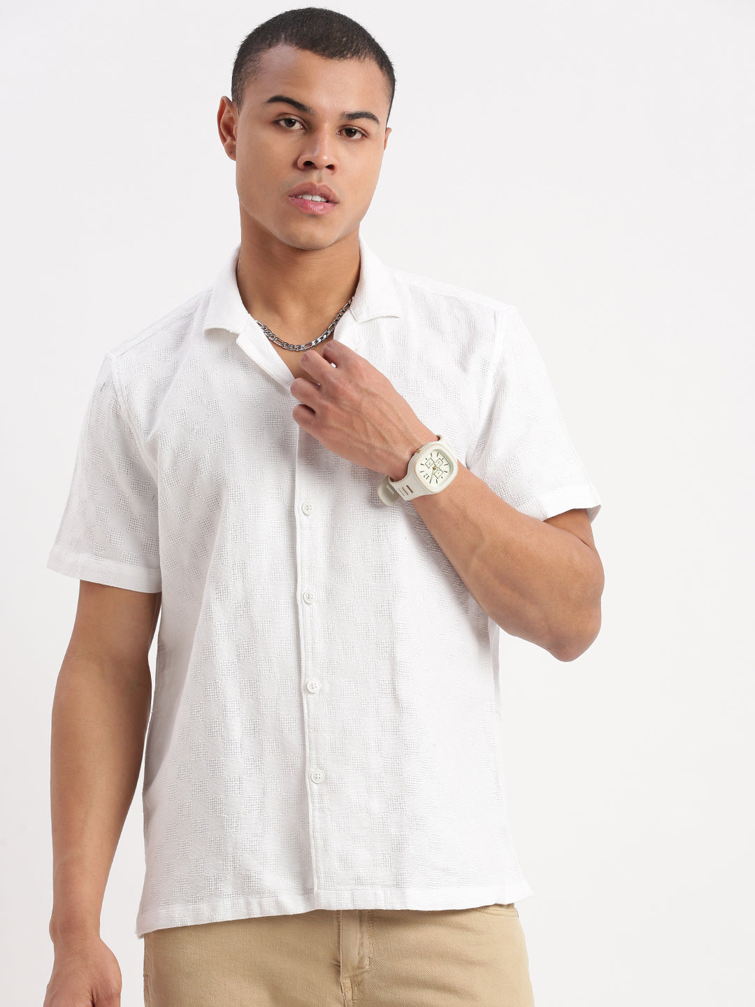 Men Cuban Collar Solid White Shirt