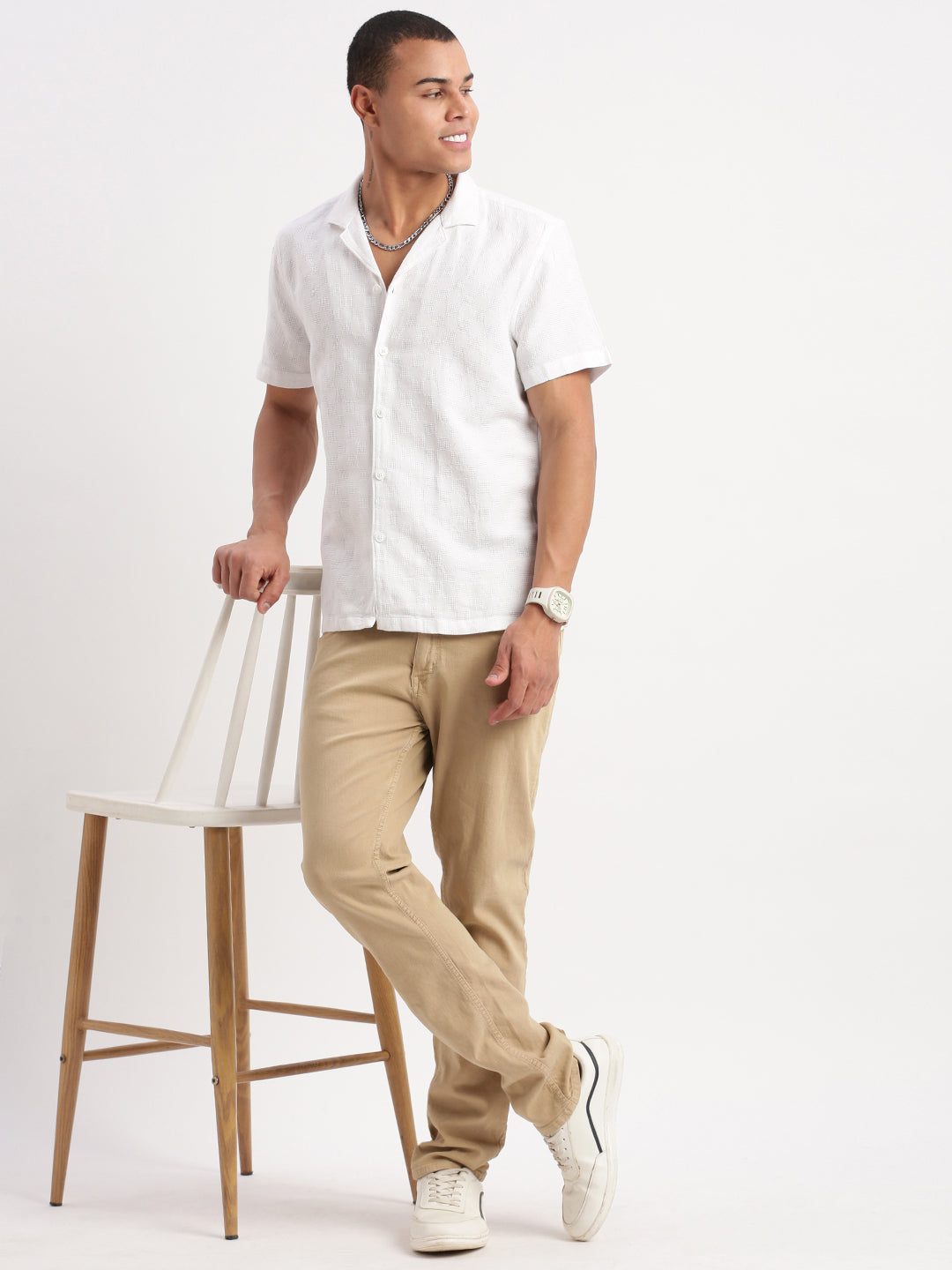 Men Cuban Collar Solid White Shirt