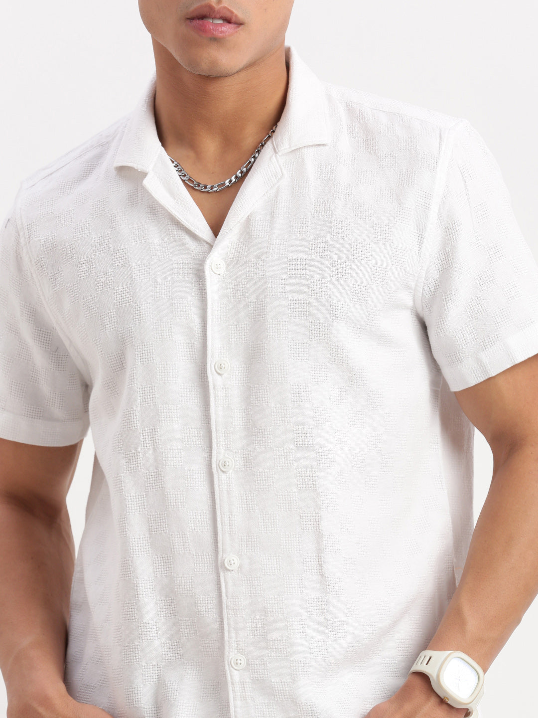 Men Cuban Collar Solid White Shirt