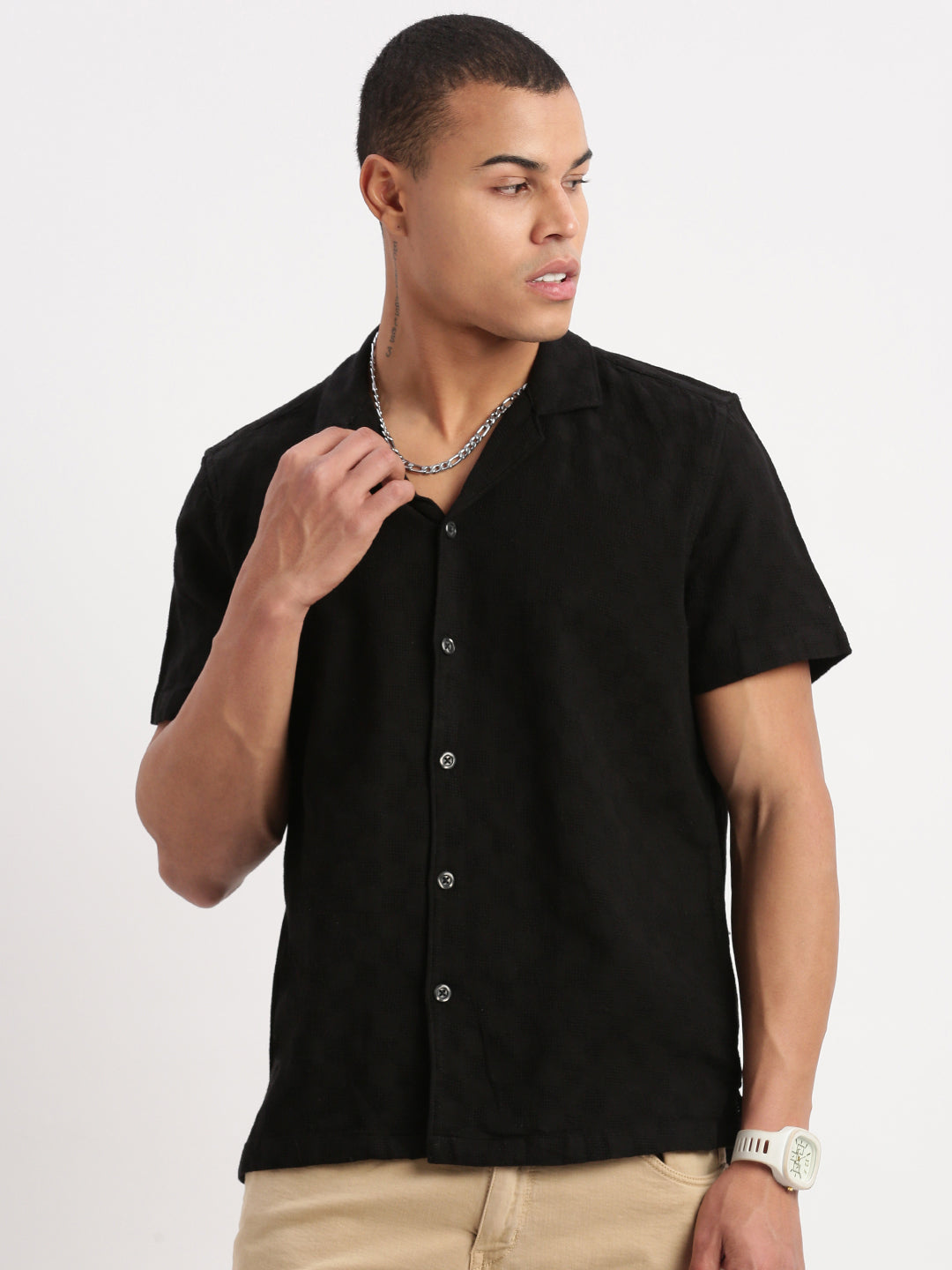 Men Cuban Collar Solid Black Shirt