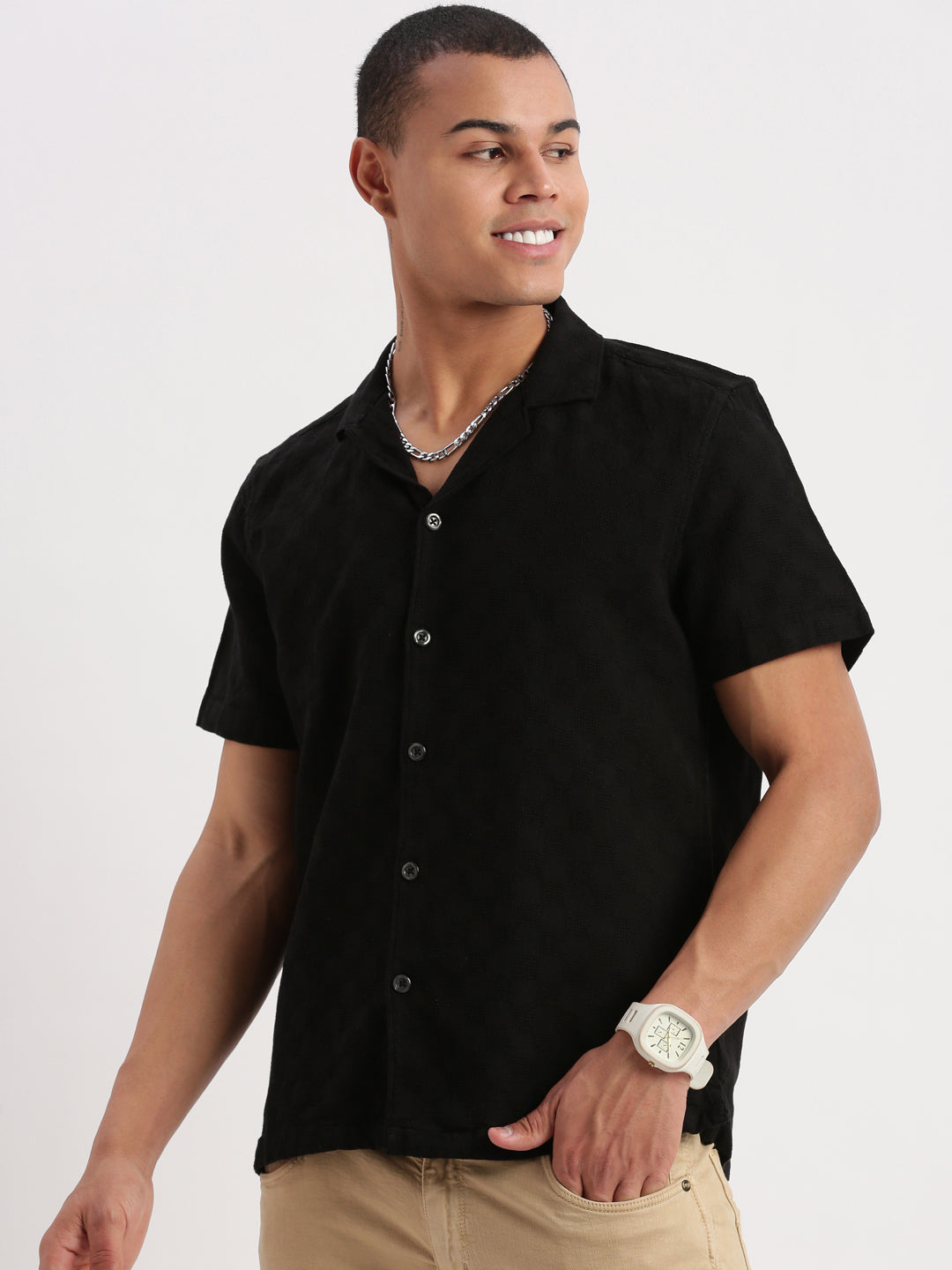 Men Cuban Collar Solid Black Shirt