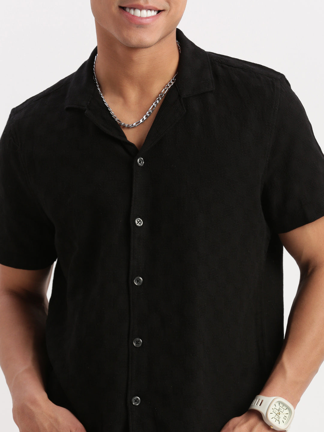 Men Cuban Collar Solid Black Shirt