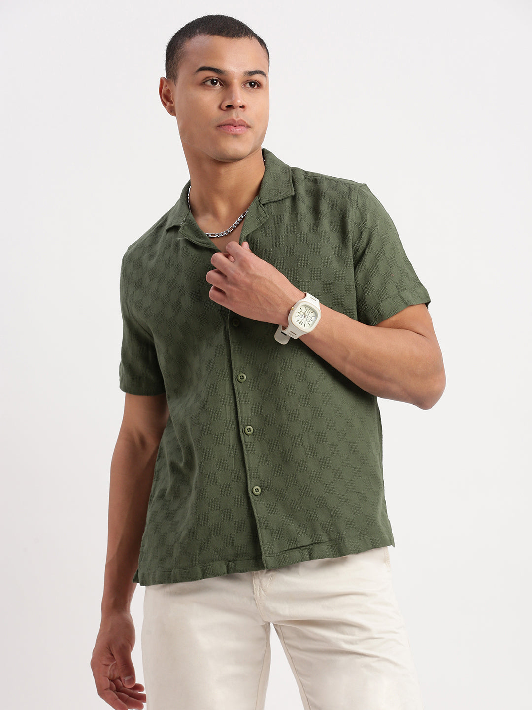 Men Cuban Collar Solid Green Shirt