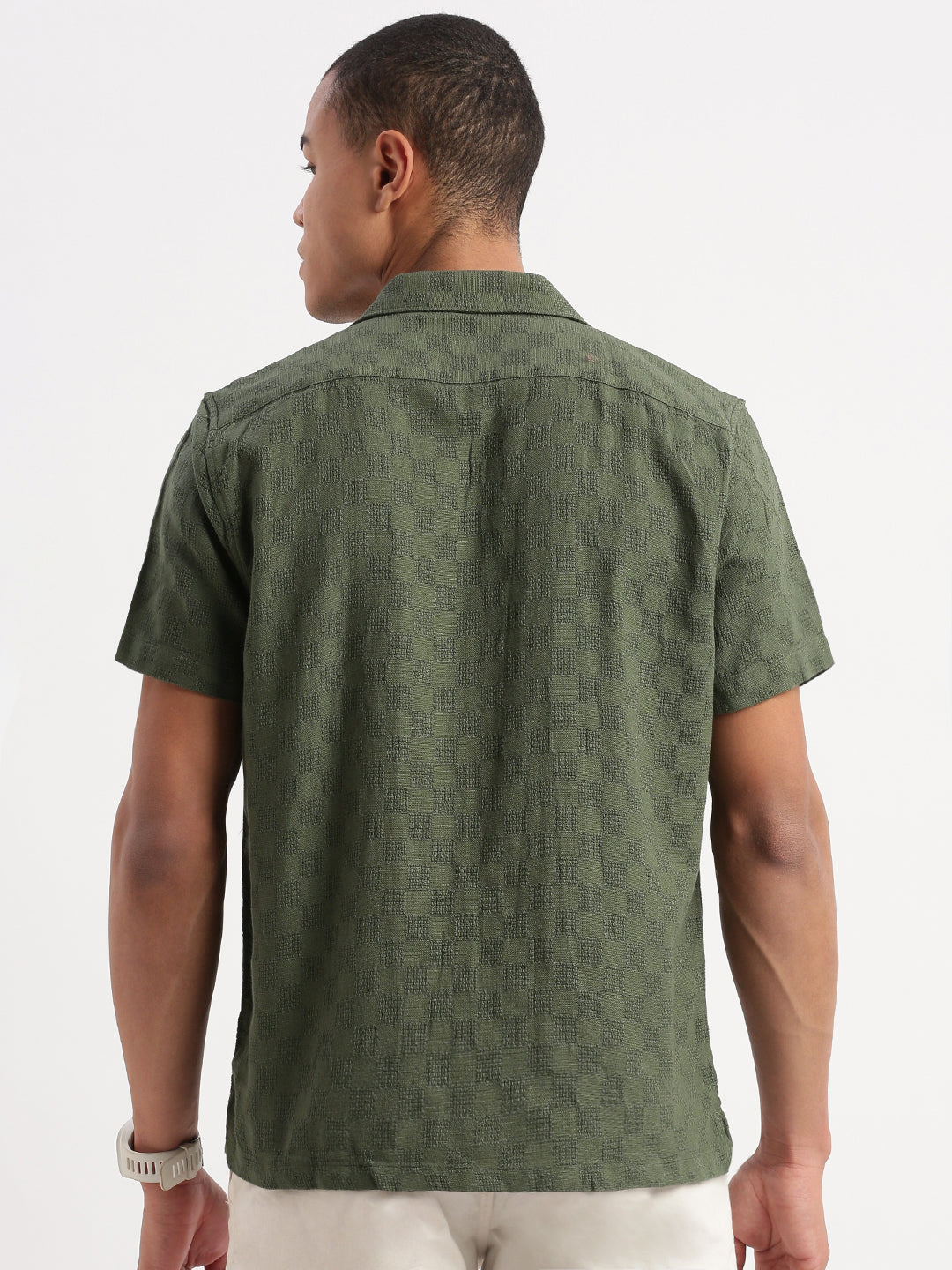 Men Cuban Collar Solid Green Shirt