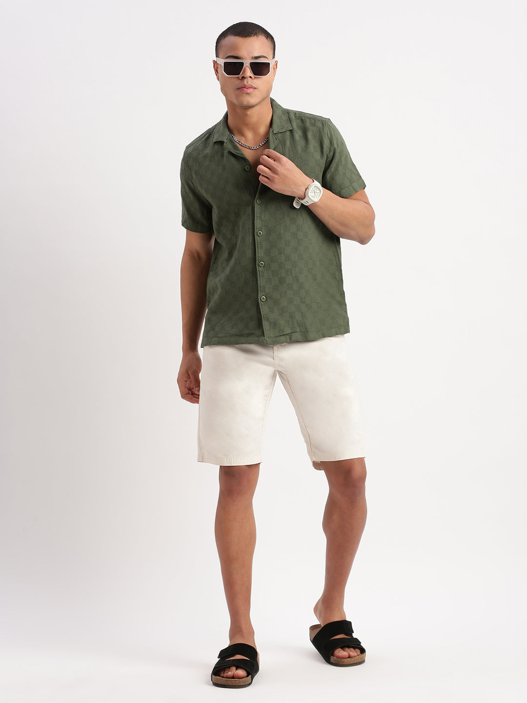 Men Cuban Collar Solid Green Shirt