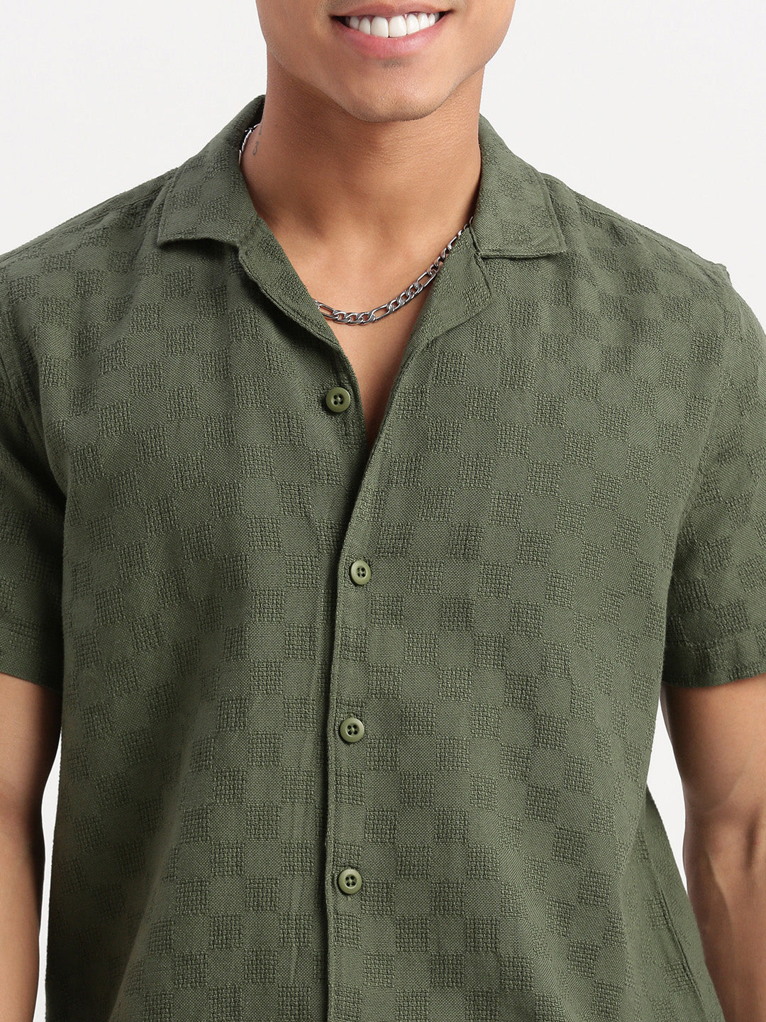 Men Cuban Collar Solid Green Shirt