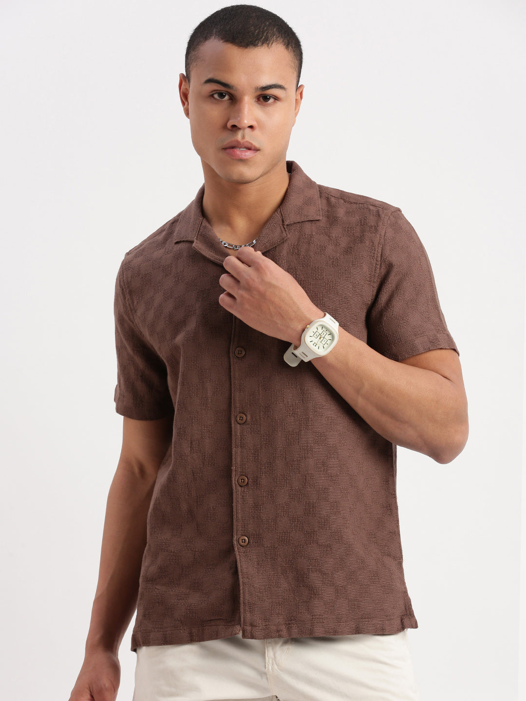 Men Cuban Collar Solid Brown Shirt