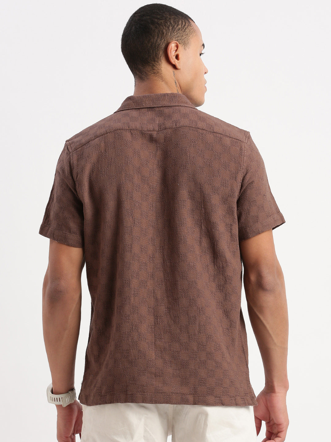 Men Cuban Collar Solid Brown Shirt