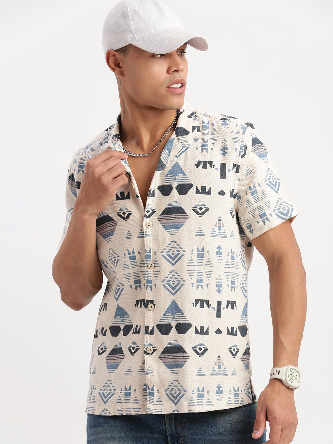 Men Cuban Collar Geometric Cream Shirt