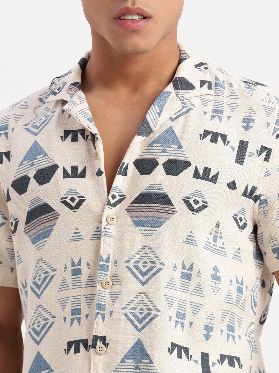 Men Cuban Collar Geometric Cream Shirt