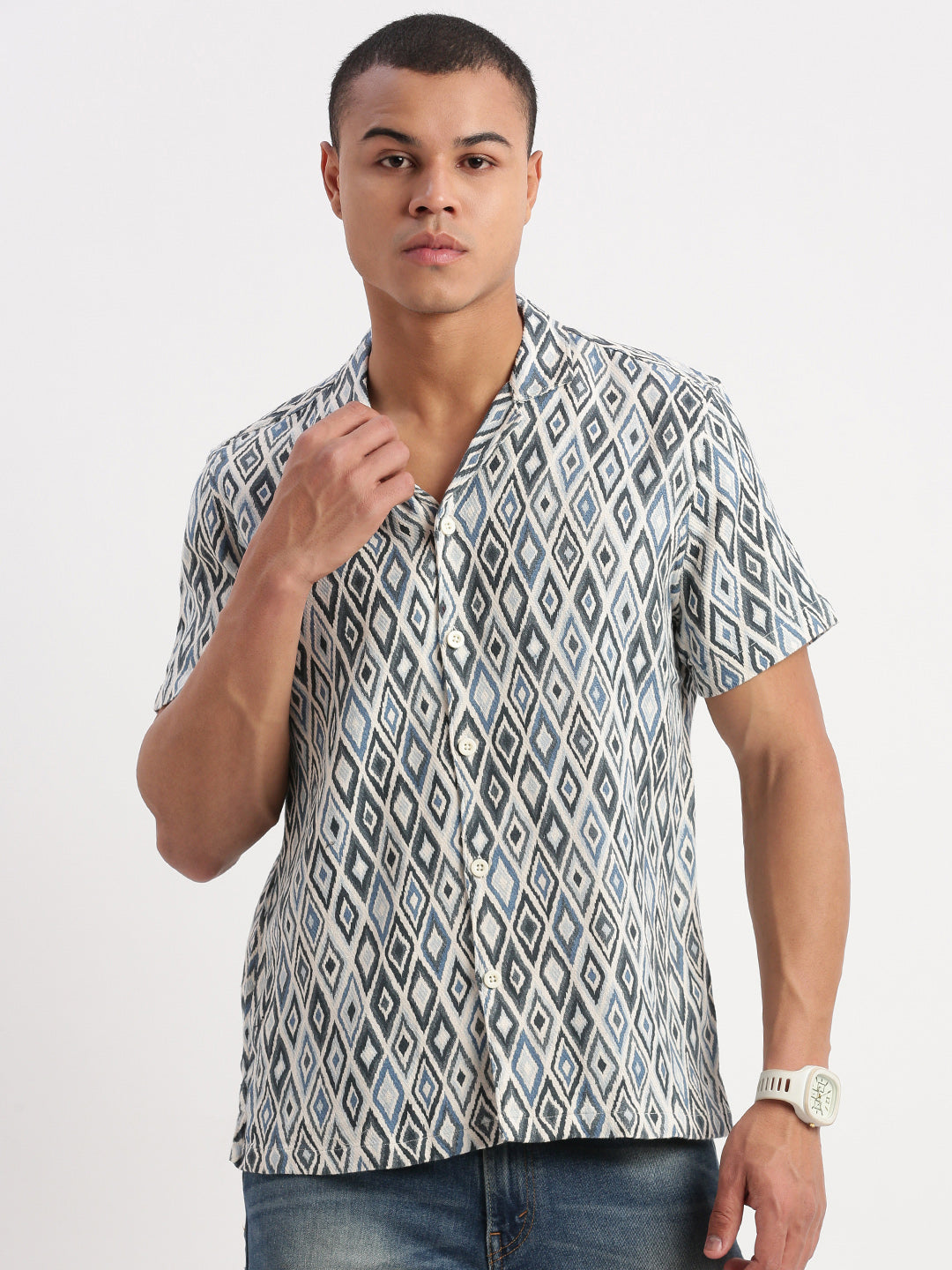 Men Cuban Collar Geometric Teal Shirt