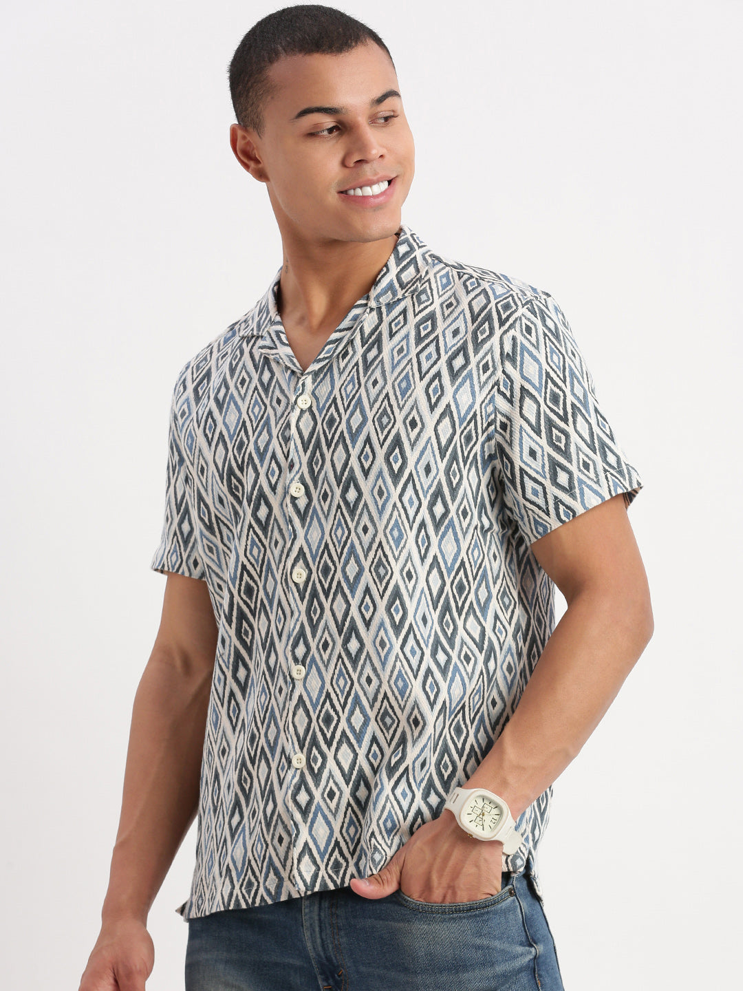 Men Cuban Collar Geometric Teal Shirt