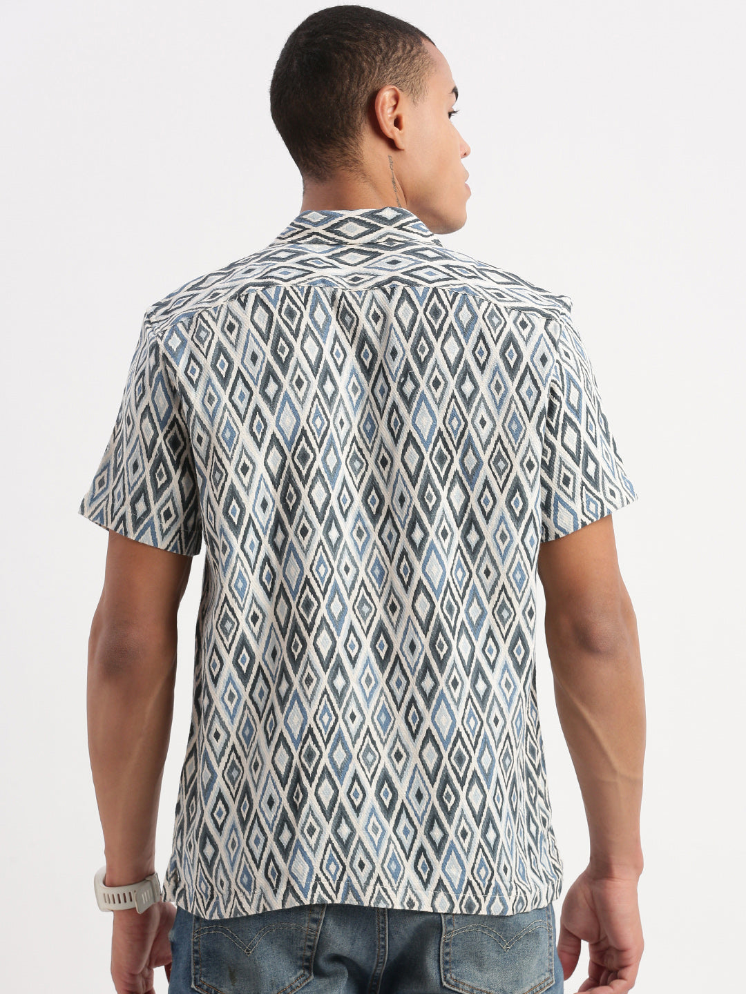 Men Cuban Collar Geometric Teal Shirt