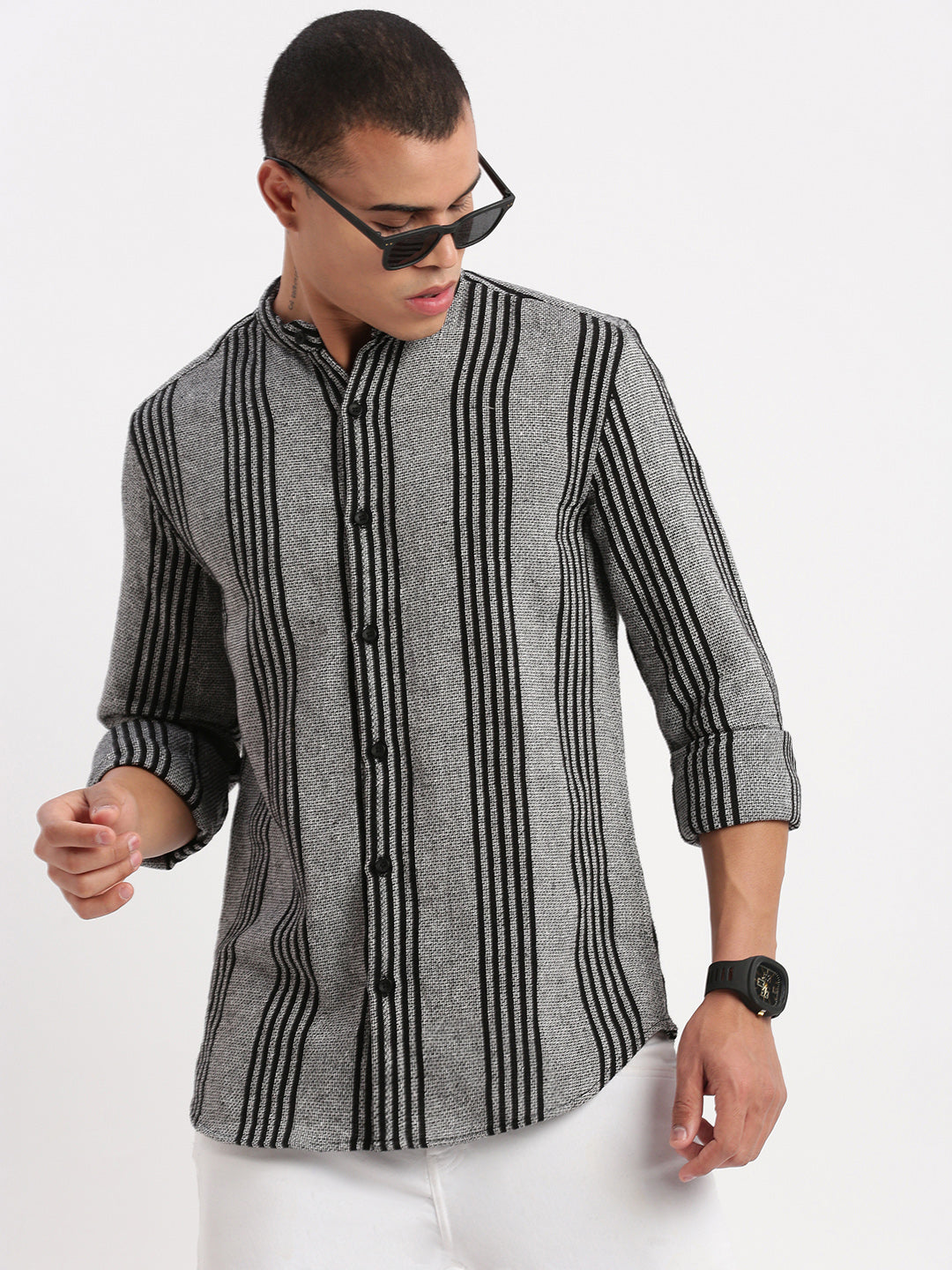 Men Mandarin Collar Vertical Stripes Grey Shirt