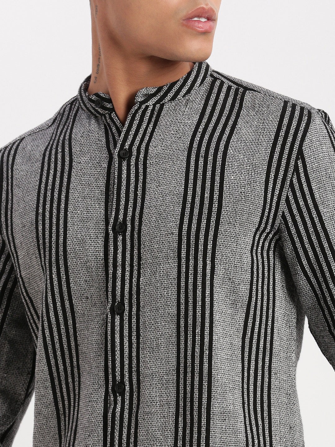 Men Mandarin Collar Vertical Stripes Grey Shirt