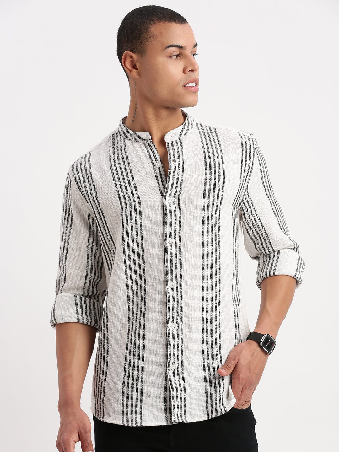 Men Mandarin Collar Striped White Shirt