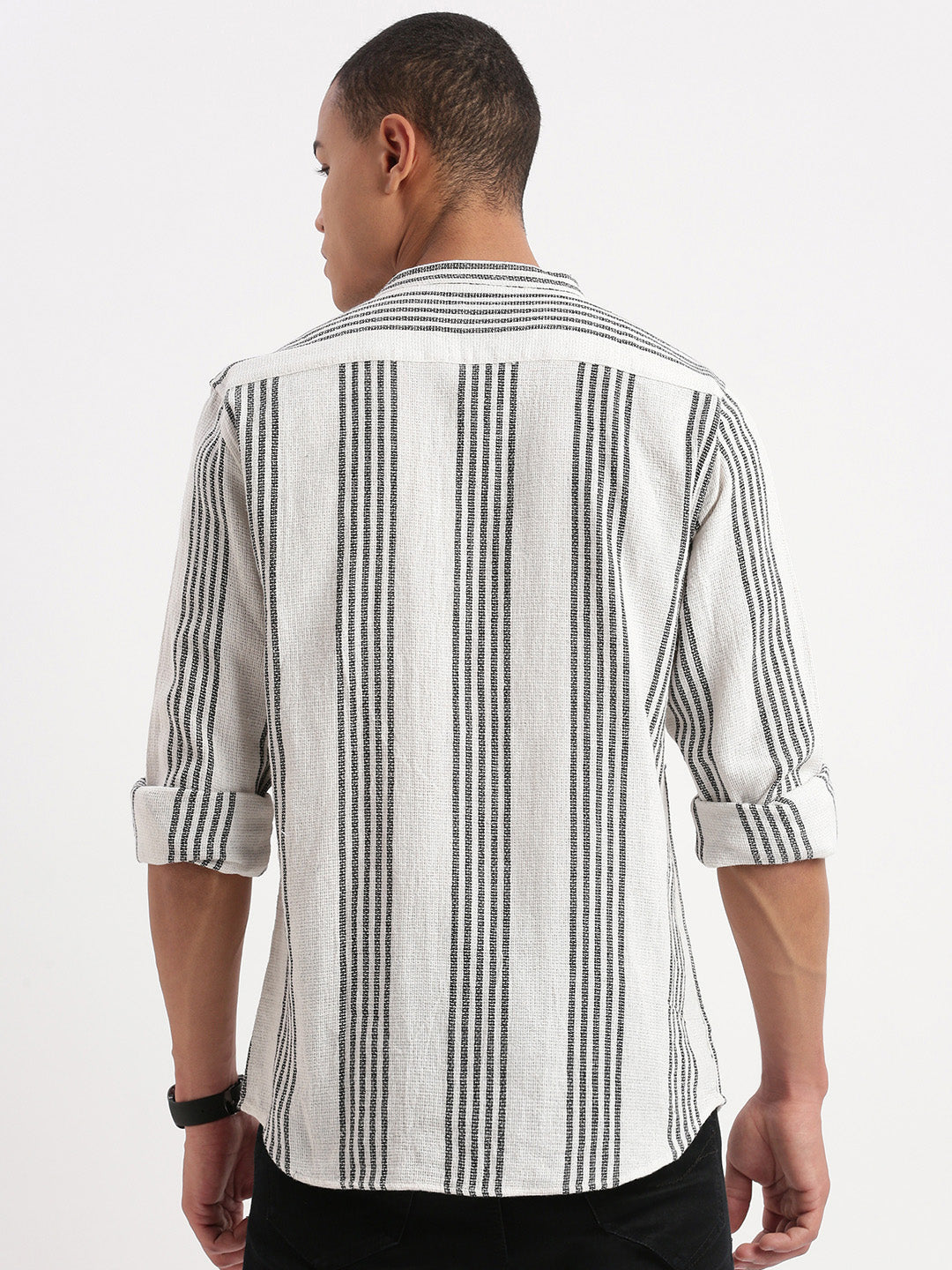 Men Mandarin Collar Striped White Shirt