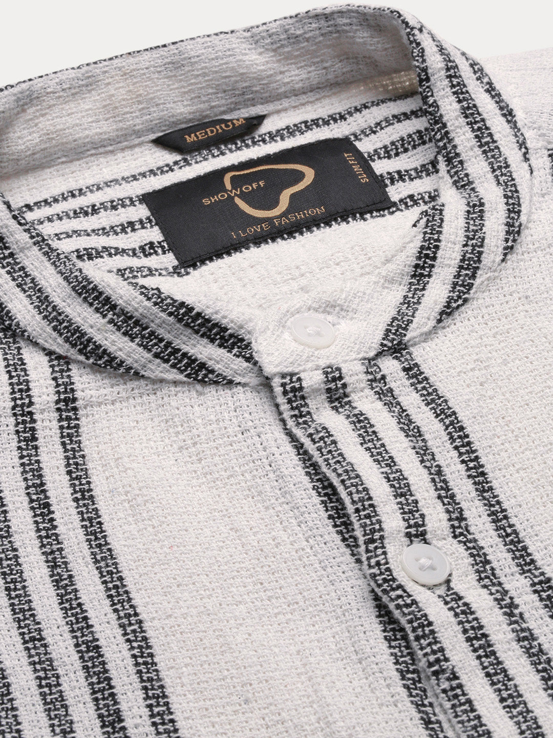 Men Mandarin Collar Striped White Shirt