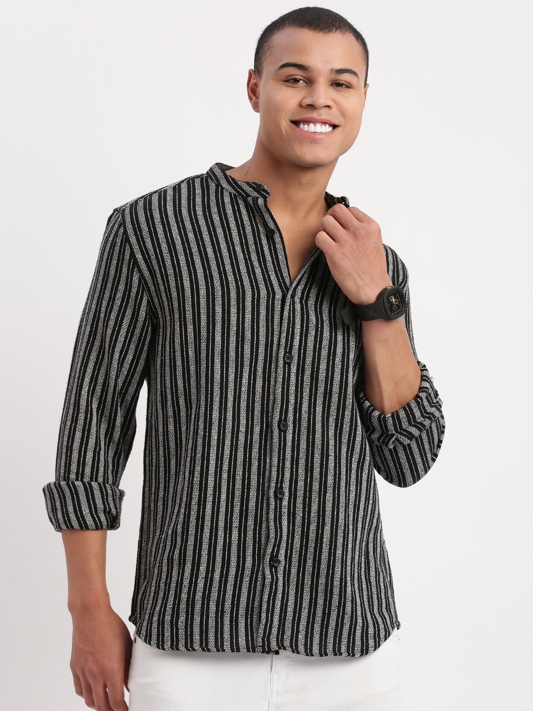 Men Mandarin Collar Vertical Stripes Black Shirt