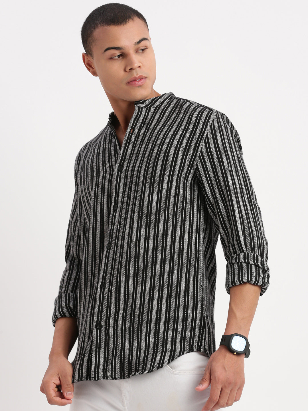 Men Mandarin Collar Vertical Stripes Black Shirt