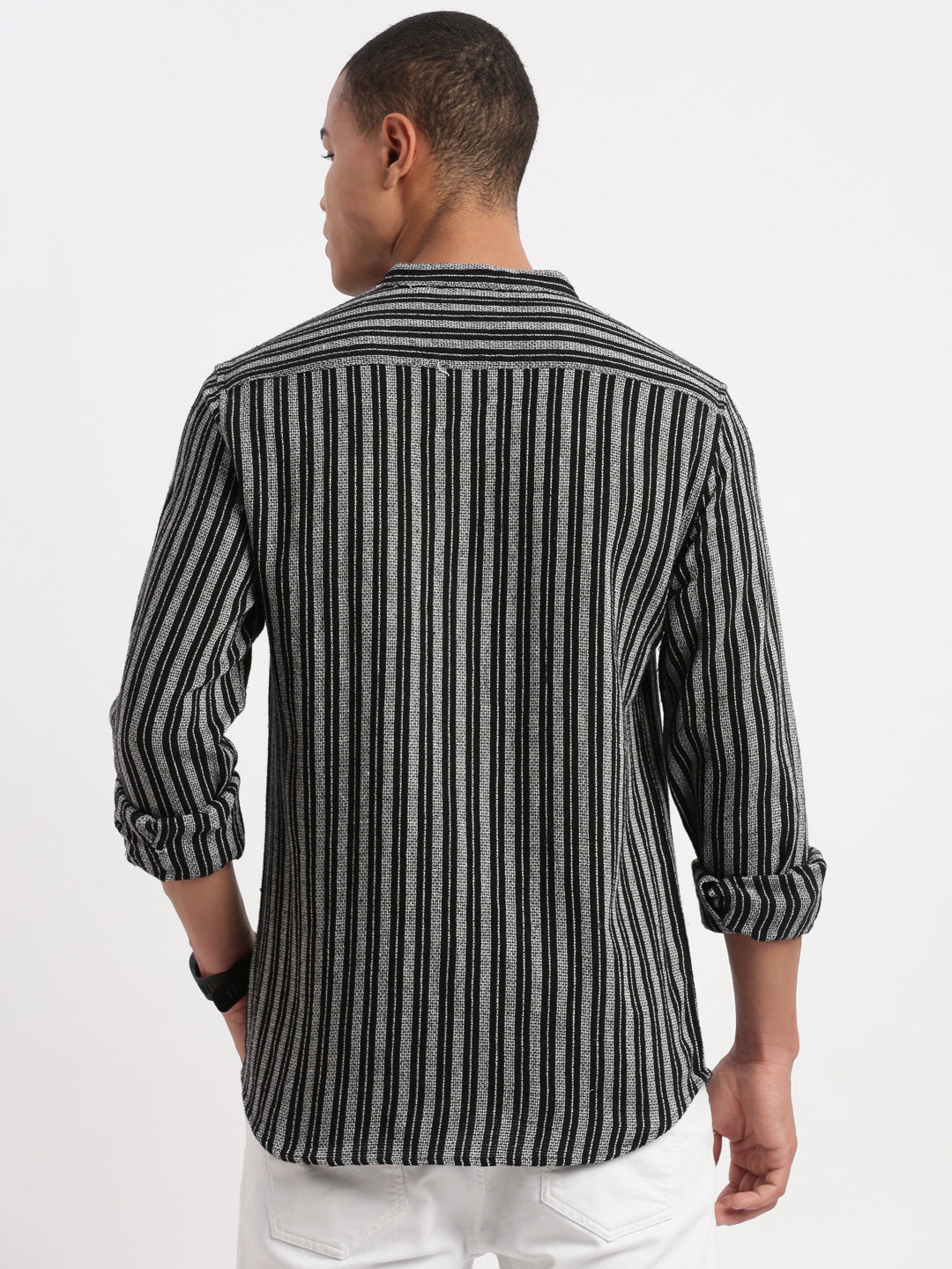 Men Mandarin Collar Vertical Stripes Black Shirt