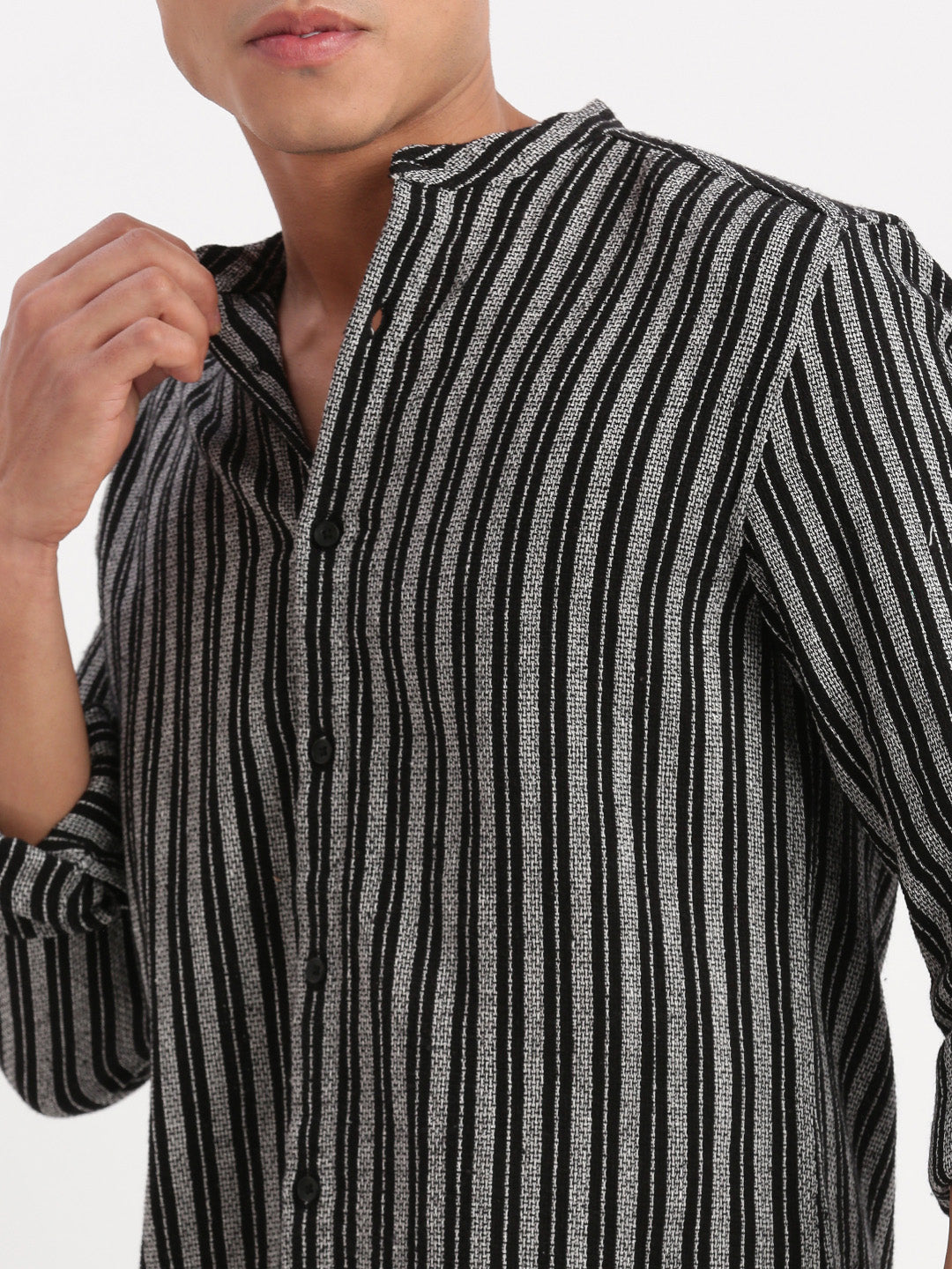 Men Mandarin Collar Vertical Stripes Black Shirt