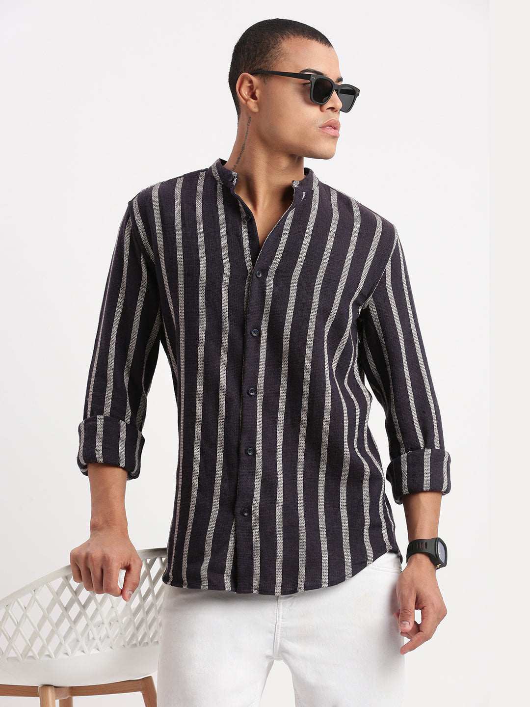 Men Mandarin Collar Vertical Stripes Navy Blue Shirt