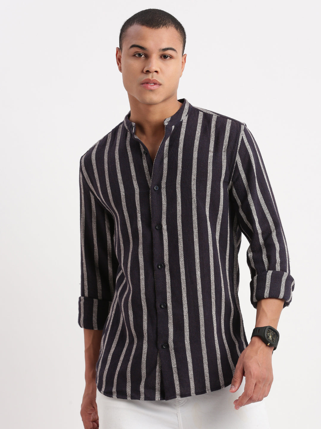 Men Mandarin Collar Vertical Stripes Navy Blue Shirt