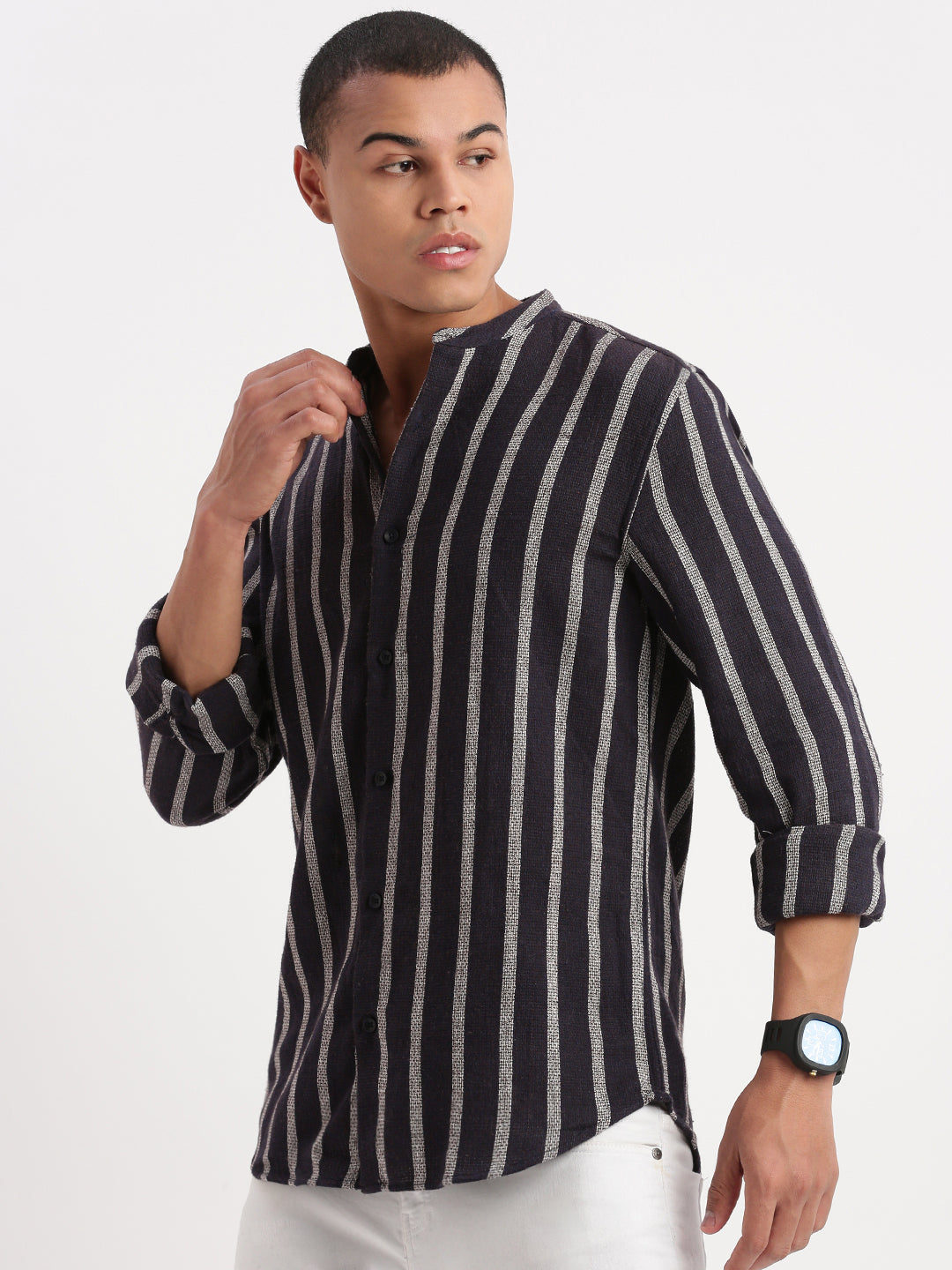 Men Mandarin Collar Vertical Stripes Navy Blue Shirt