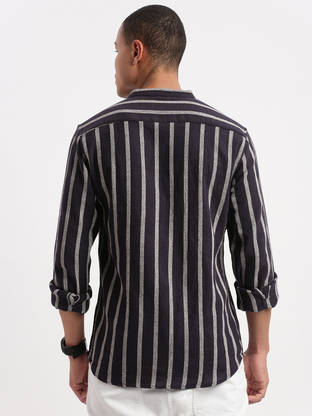 Men Mandarin Collar Vertical Stripes Navy Blue Shirt