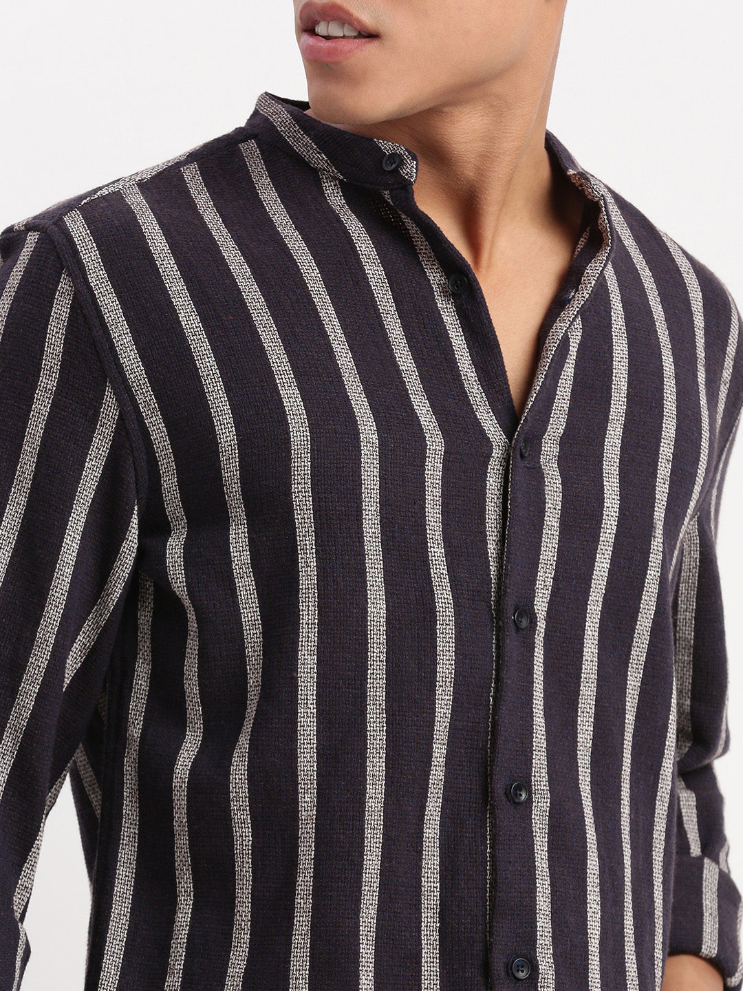 Men Mandarin Collar Vertical Stripes Navy Blue Shirt