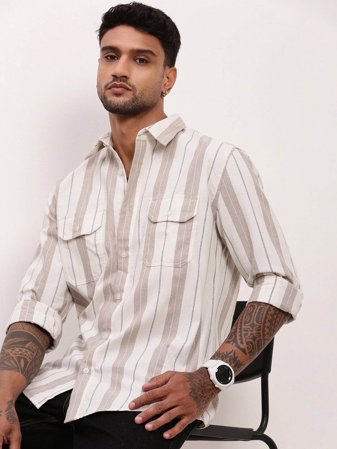 Men Beige Striped Slim Fit Shirt