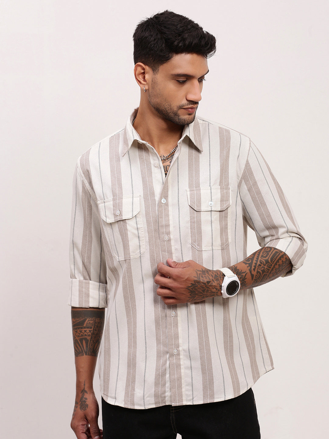 Men Beige Striped Slim Fit Shirt