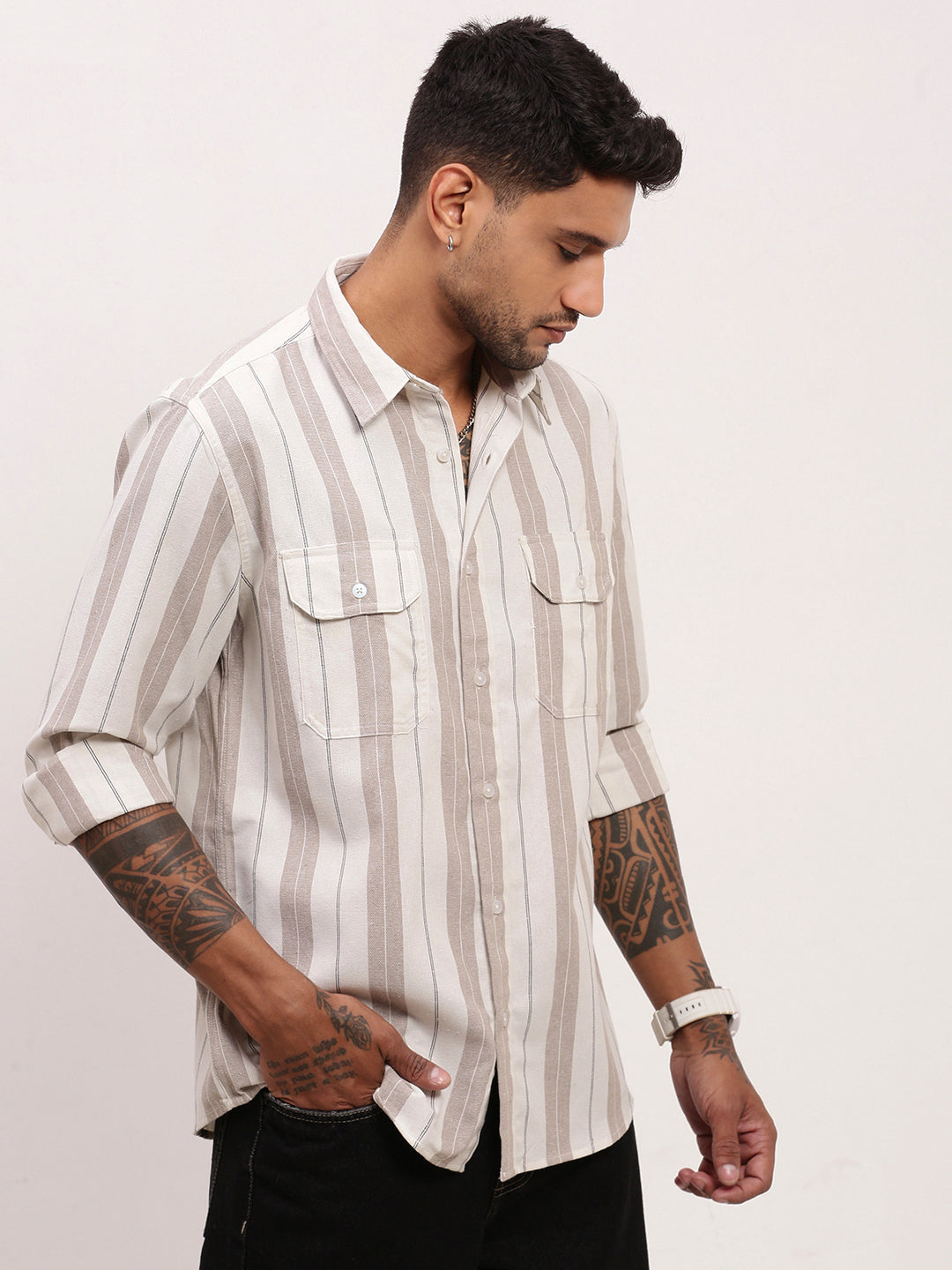 Men Beige Striped Slim Fit Shirt