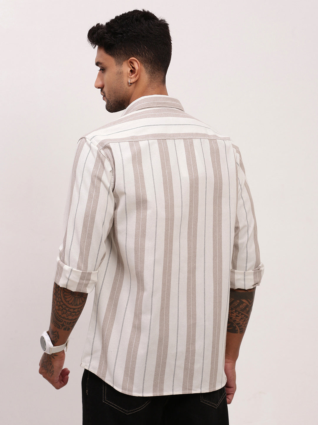 Men Beige Striped Slim Fit Shirt