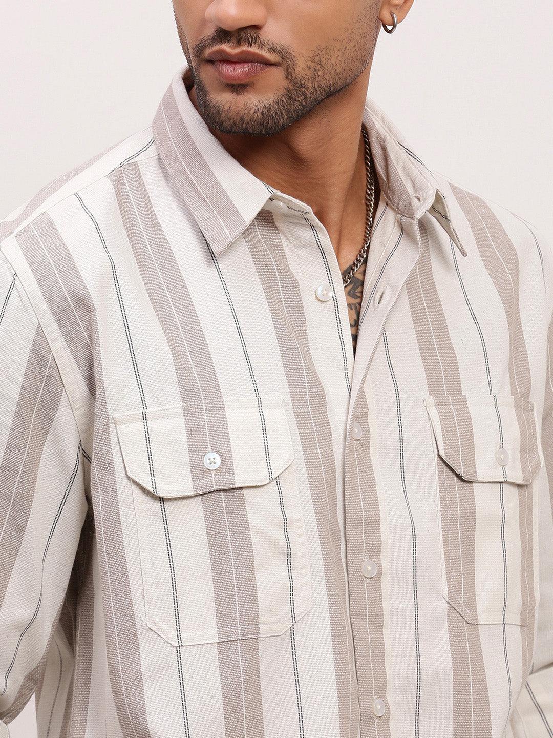 Men Beige Striped Slim Fit Shirt