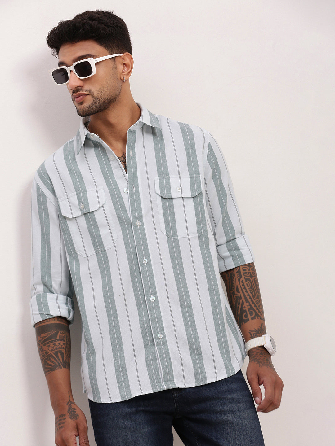 Men Green Striped Slim Fit Shirt