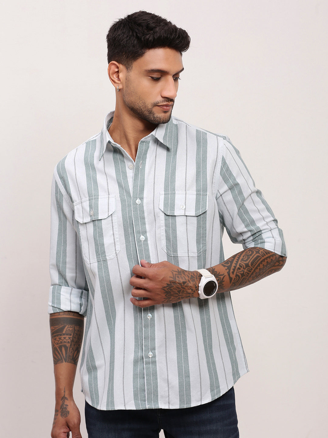 Men Green Striped Slim Fit Shirt