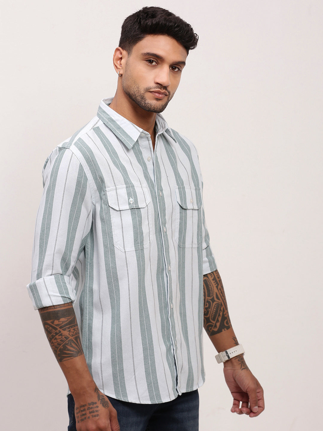 Men Green Striped Slim Fit Shirt