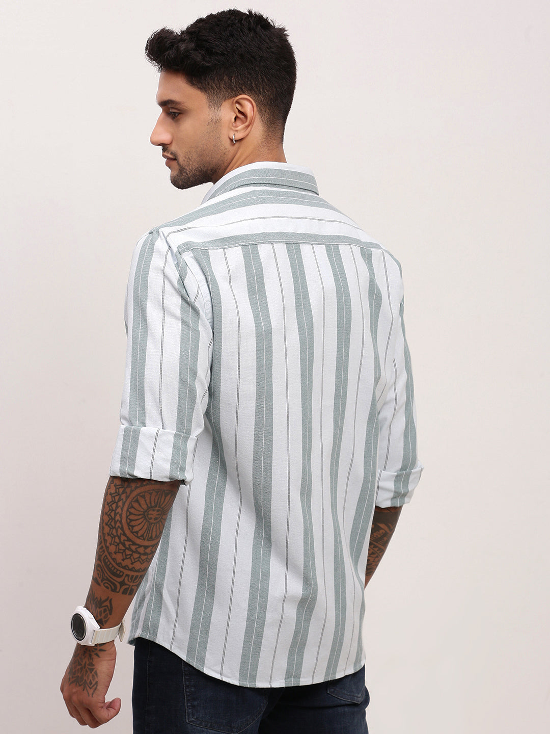 Men Green Striped Slim Fit Shirt