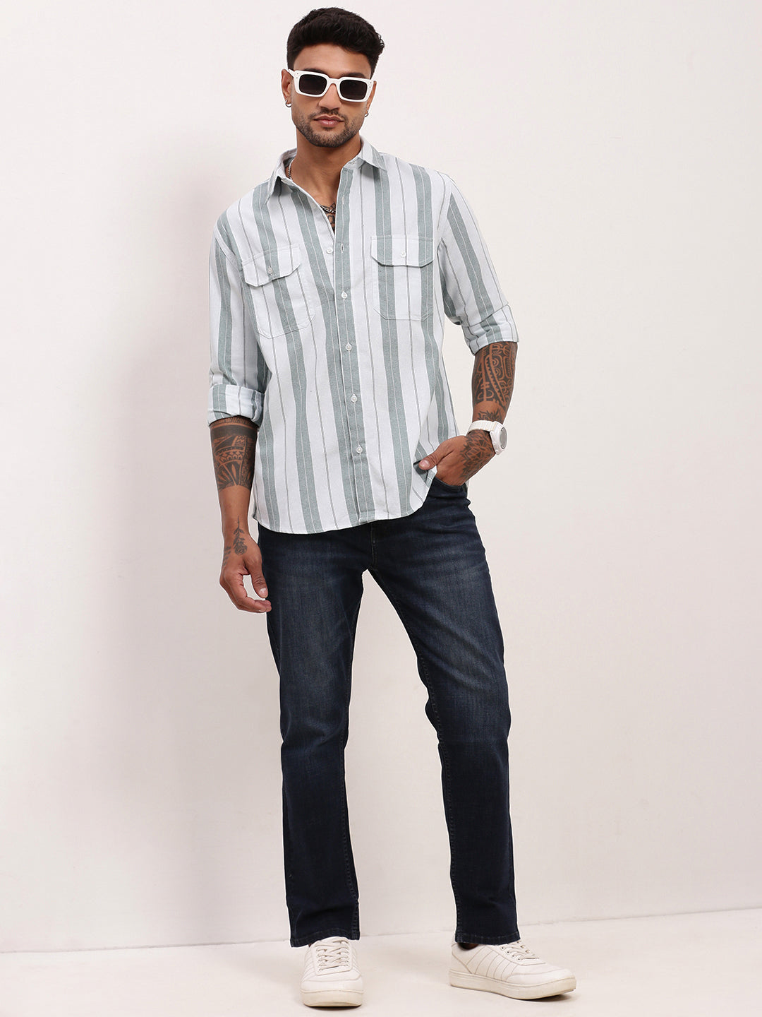 Men Green Striped Slim Fit Shirt