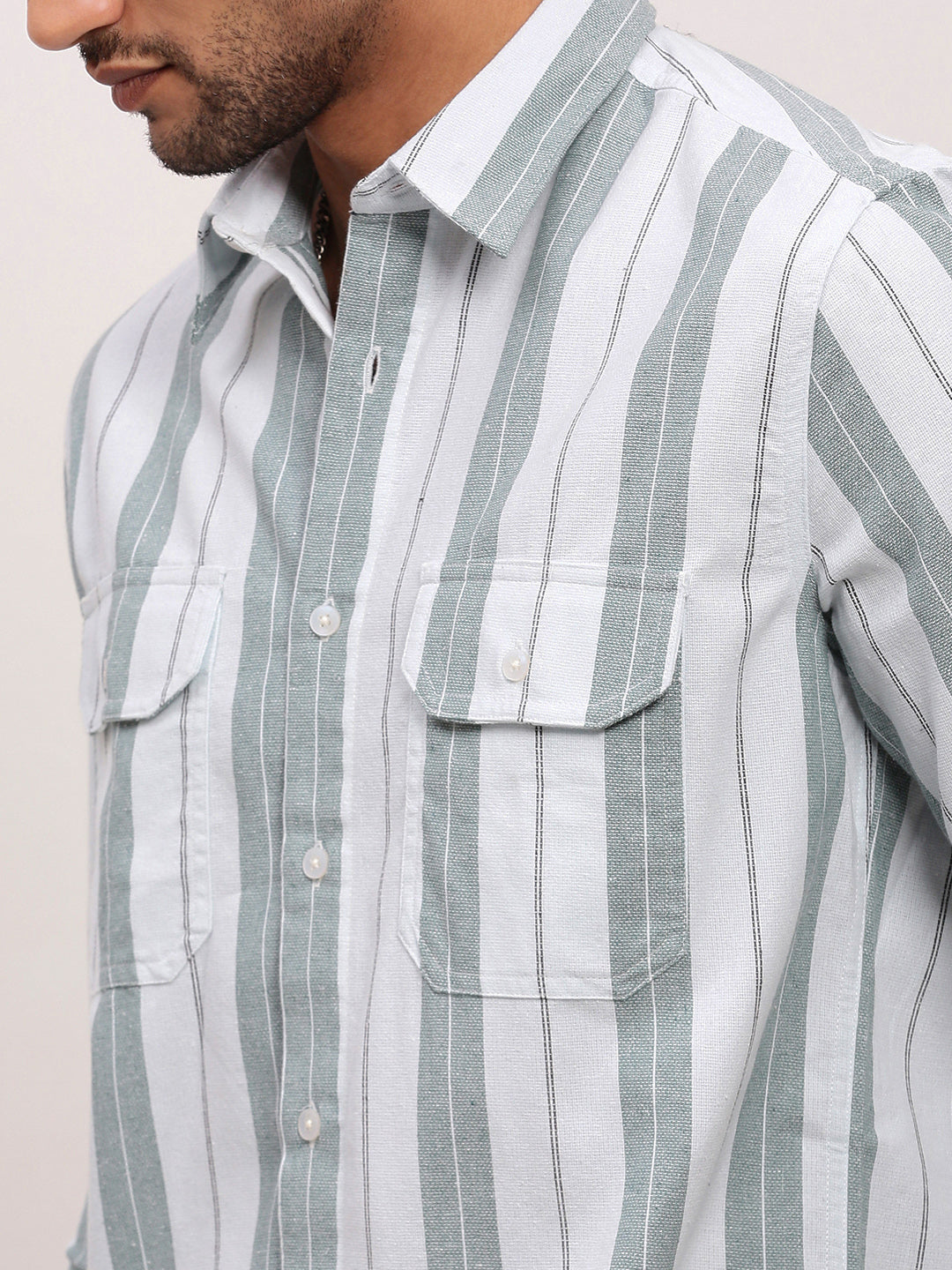 Men Green Striped Slim Fit Shirt