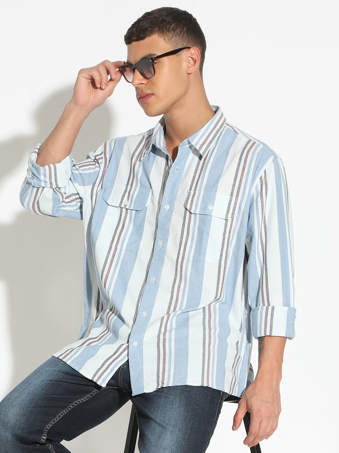 Men's Striped Blue Button Down Long Sleeve Shirt with Chest Pockets